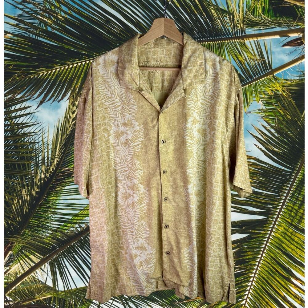 Tommy Bahama Men's XXL Khaki White Tropical Palm Silk Button Up Hawaiian Shirt